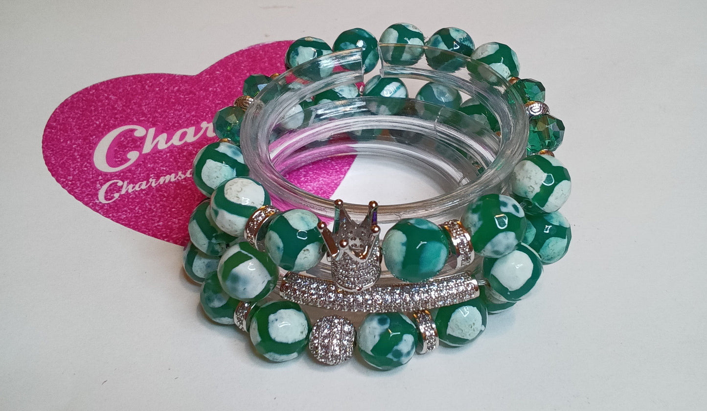 10mm green and white fire agate beaded bracelet set.