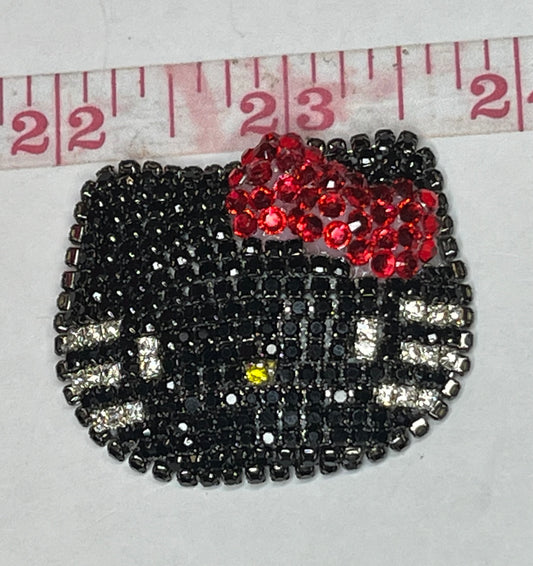 Red bow black bling kitty head flat back