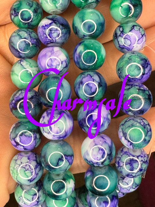 10mm Purple and green marble glass beads