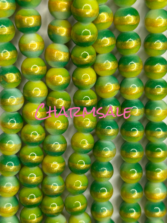 10mm green and gold stripe glass beads