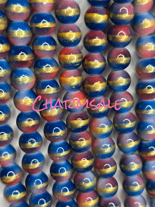 10mm Burgundy blue and gold stripe glass beads
