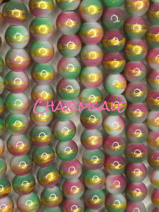 10mm fuchsia green and gold stripe glass beads