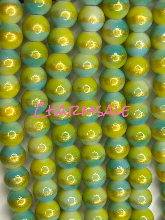 10mm blue yellow and gold stripe glass beads