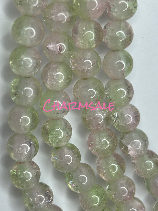 8mm light pink and green ombré crackle glass beads