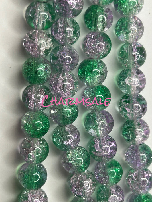 8mm Purple and green ombré crackle glass beads