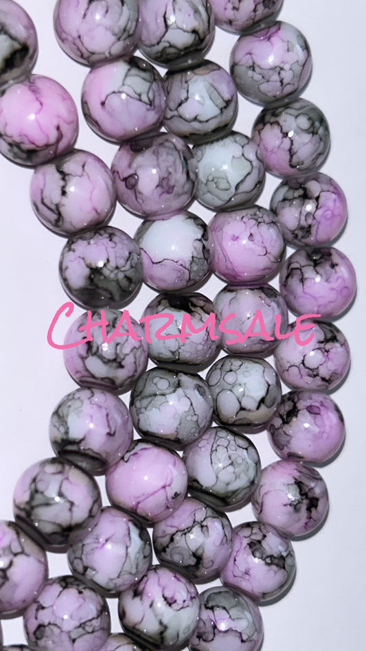 10mm Pink and black marble glass beads