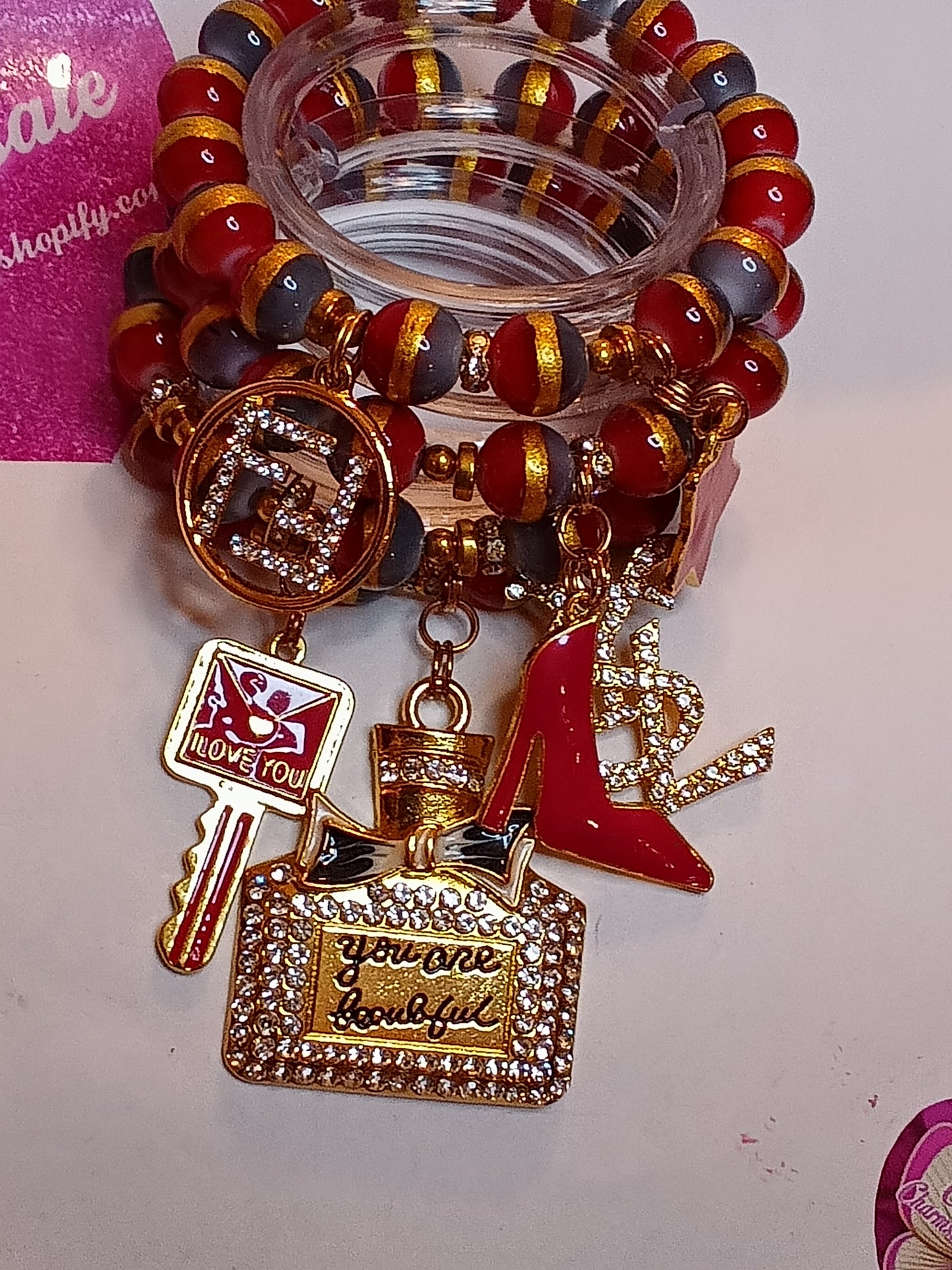 Burgundy gold and grey stripes bracelet set