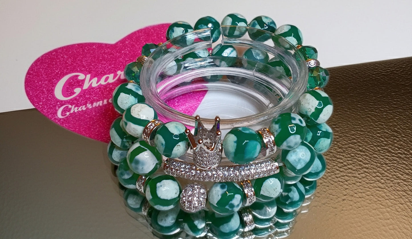 10mm  green and white fire agate beaded bracelet set.